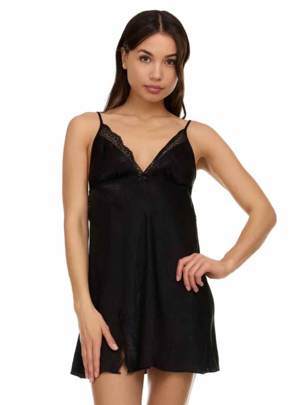 Flora Nikrooz Madleyn solid chemise black lingerie satin lace trim $50